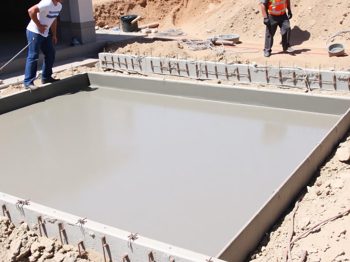 Freshly poured concrete slab foundation at a new construction site