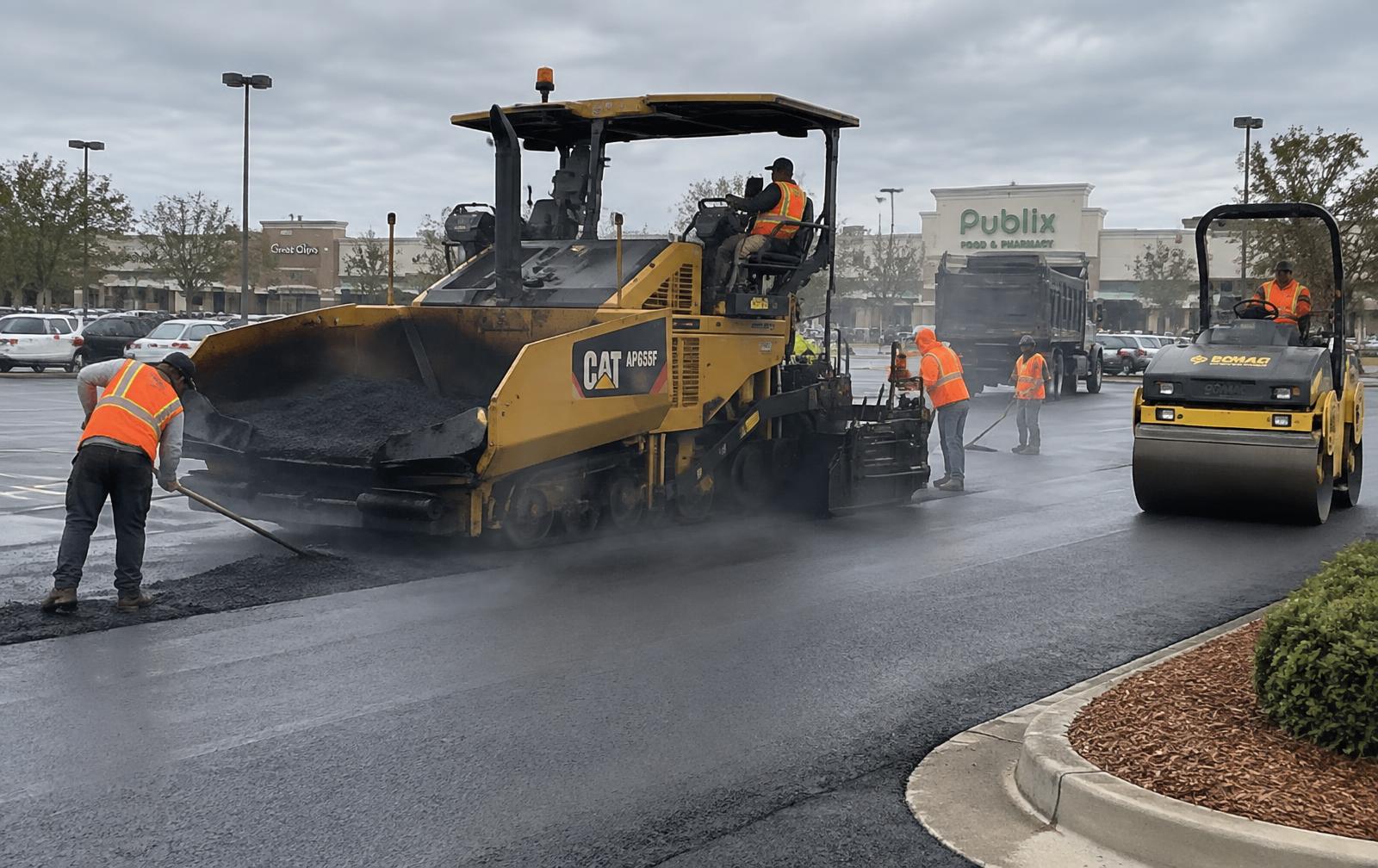 Asphalt paver and roller paving a commercial shopping center parking lot